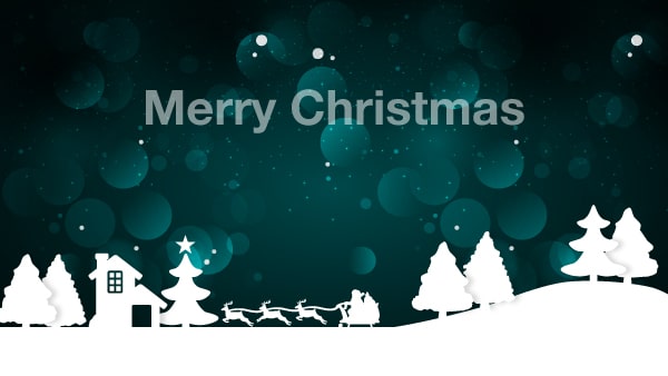 Santa in a sled being pulled by the reindeers in a town with trees in all white with merry christmas on top