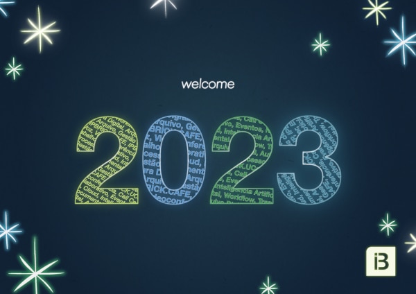 a dark blue background with the message of welcome 2023 with many colorful star on the edges